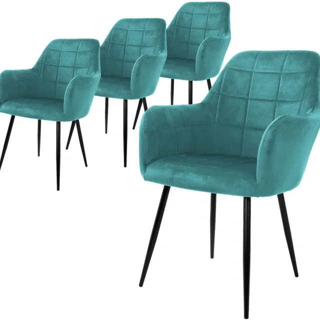 ml-design ECD Germany Set van 4 Eetkamerstoelen met Rugleuningen en Armleuningen, Turquoise, Keukenstoelen met Fluwelen Bekleding, Gestoffeerde Stoelen met Metalen Poten, Ergonomische Stoelen voor Eettafel