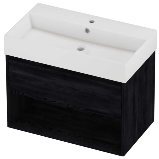 Proline Zara Badmeubelset Porselein Loft 1 Kraangat Met Schap 80x46x65 cm Glans Wit Black Oak Eiken