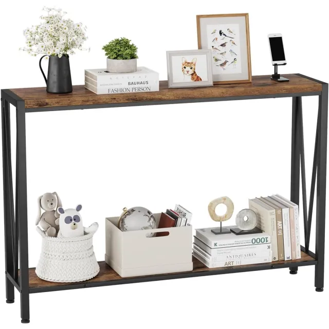 Danky Industriële Sidetable met 2 Niveaus - Smalle Consoletafel & Haltafel - Vintage Houtlook & Zwart Metaal - Wandtafel voor Woonkamer, Entree of Achter de Bank - 109 x 25 x 76 cm bruin