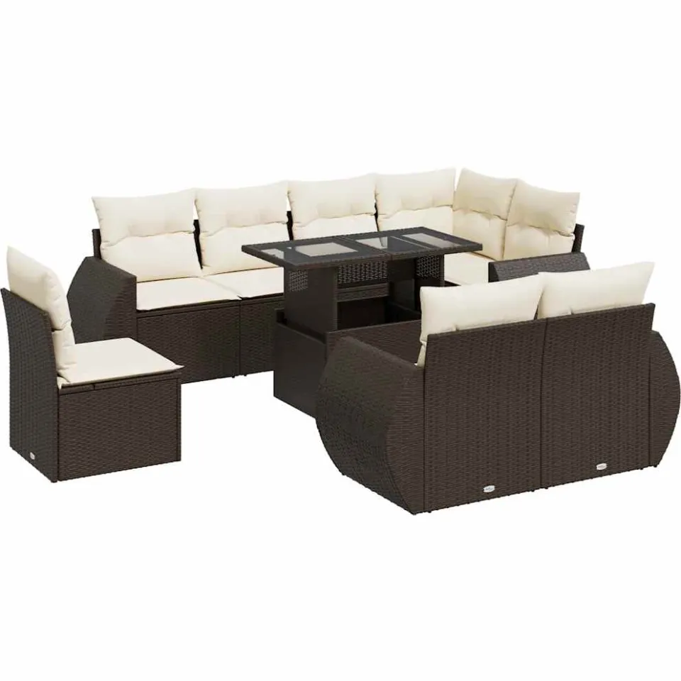 vidaXL 9-delige Loungeset met kussens poly rattan bruin, foto 4