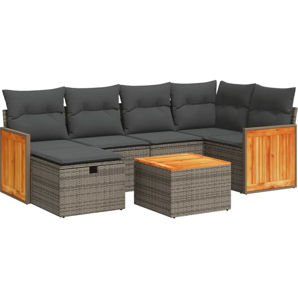 vidaXL 7-delige Loungeset met kussens poly rattan grijs, foto 3