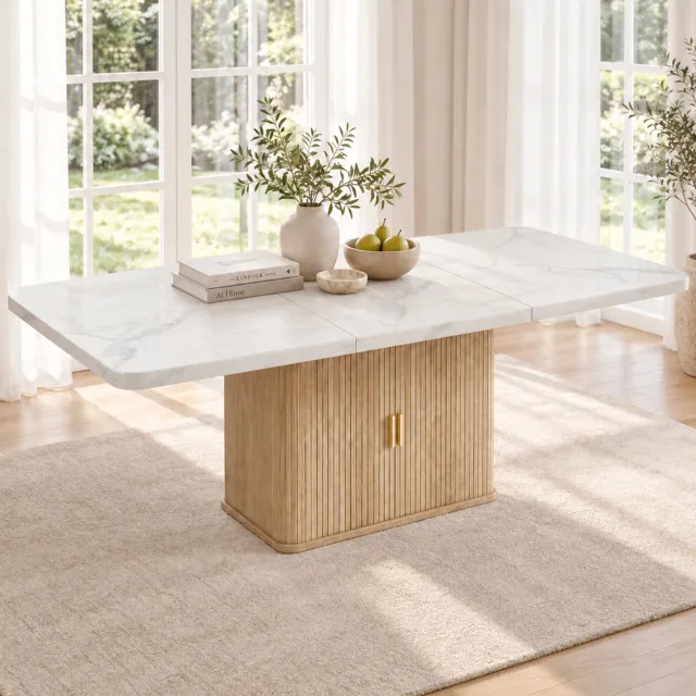 STILVORA Eettafel - Uitschuifbaar Met Opbergruimte - Voor 6 Tot 8 Personen - MDF In Wit En Eikenkleur - 150 Tot 200 x 90 x 75 Cm Wit marmerlook en eikenkleur
