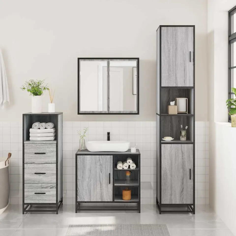 vidaXL 3-delige Badkamermeubelset bewerkt hout grijs sonoma eikenkleur, foto 2