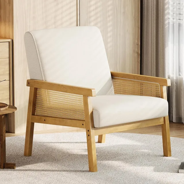 HOERFURIY Luxe Linnen Fauteuil met Rotan Armleuningen - Houten Frame & Hoge Rugleuning - Bohemian Leesstoel - Beige