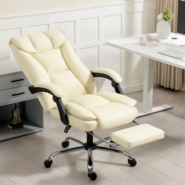 MEUNIQ ergonomische bureaustoel met voetsteun en verstelbare rugleuning tot 155°, kunstleer, draaibaar met wielen, hoge rugleuning, armleuningen, beige