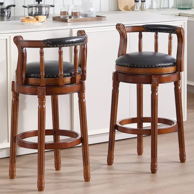 MEUNIQ barkruk set van 2, draaibaar 360°, met rugleuning, leren zitting en houten frame, barhoogte, zwart
