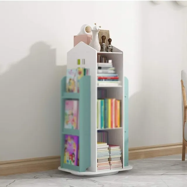 JGS Draaibare Kinderboekenkast: Meisjes Boekenkast in Blauw en Wit, Speelgoed Opbergrek voor Kleuterschool, Klein Huisvormig Rek
