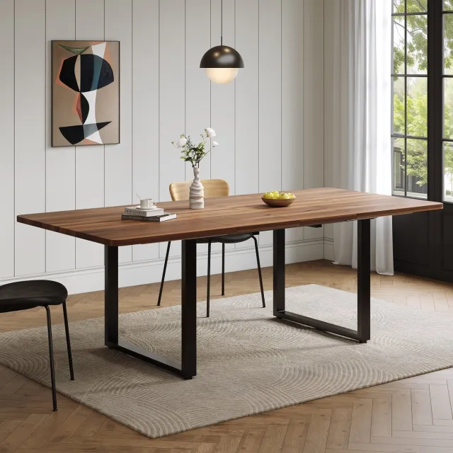 MIVRAY Eettafel - Uitschuifbaar In Drie Lengtes Voor 6 Tot 10 Personen - MDF Met Metalen Poten - Walnootkleur - 140 Tot 220 x 80 Cm