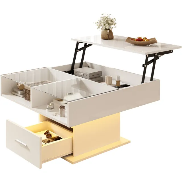 Merax Hoogglans Salontafel met Liftfunctie – Verstelbare Salontafel met Opbergruimte en Verlichting – Wit – 78 x 78 cm