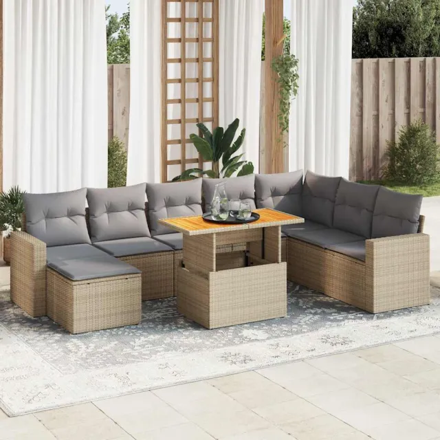 vidaXL 9-delige Loungeset met kussens poly rattan beige