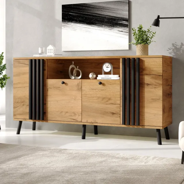 DESMIU Dressoir - 4 Deuren met Gescheiden Opbergvakken - voor Woonkamer en Eetkamer - MDF en Hout - 140x35x71 cm - Houtkleur en Zwart Naturel houtkleur en zwart