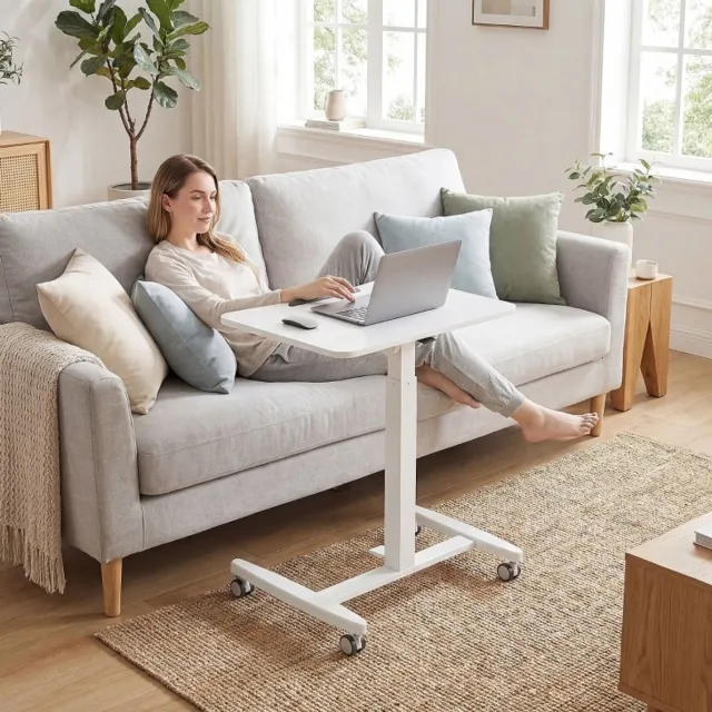 REDOM Bureau - Hoogteverstelbaar met pneumatische hefboom - Kantelbaar tafelblad met veiligheidsstopper - Met wielen - Wit - 60,5 x 52 x 75-114 cm