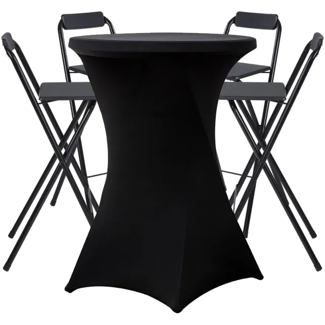 Alora 4x Inklapbare barkruk + 1x Statafel Zwart incl. zwarte rok - Opklapbaar - Met voetsteun - Cocktailtafel - Met statafelrok zwart - Alora - Zwart - beurs Inclusief statafelrok