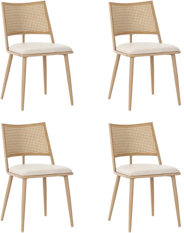 MUVANO Eetkamerstoelen Set Van 4 - Eetkamerstoelen Met Rotan Rugleuning - Beige Woonkamerstoel - PU Zitting - Tot 120kg - Eetkamer En Woonkamer Beige