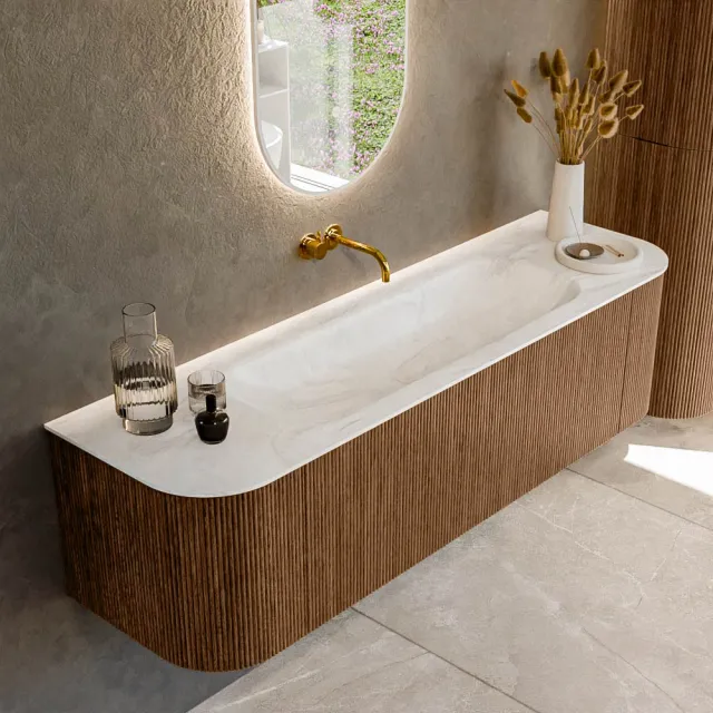 Mondiaz KURVE-DLUX 160 cm Onderkast Greeploos 1 Lade Met Deuren Walnut, Wastafel Solid Surface Midden Ostra 0 Kraangaten Zonder Spiegel (KRVBGM160L+R1L2D0KM-Wal/Ost)