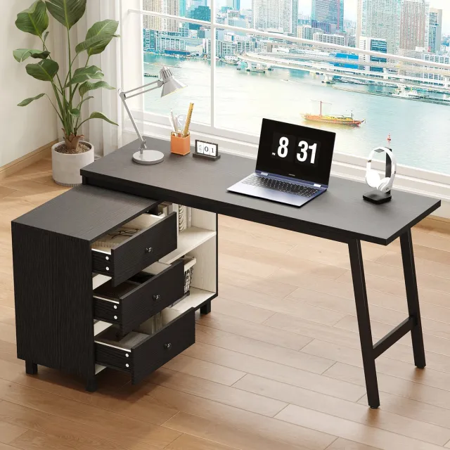 STILVORA Hoekbureau - 3 Lades En 2 Open Vakken - Voor Thuiswerk En Studie - MDF En Metaal - 150x100x76 cm - Zwart;Wit