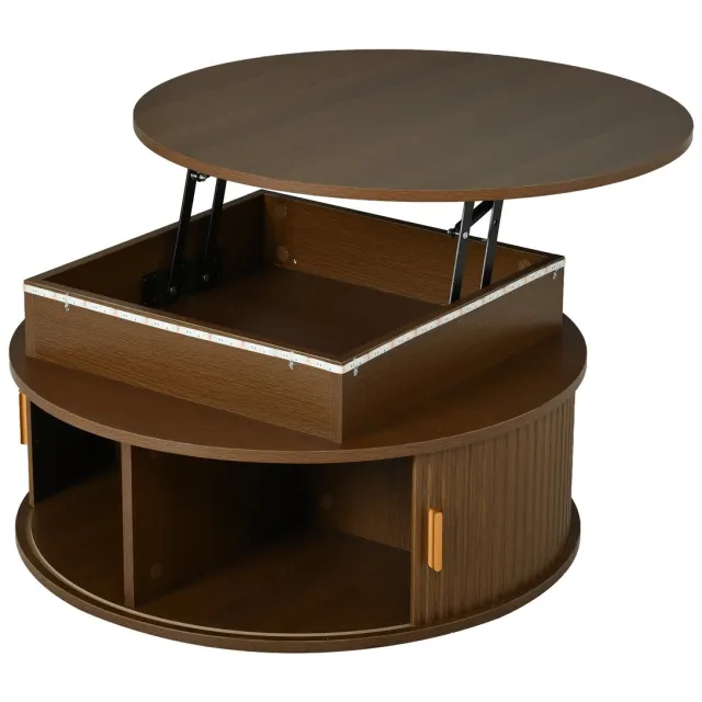 Ropilly Ronde salontafel walnoot - In hoogte verstelbare salontafel - Met LED verlichting en opbergruimte - 75 cm - Woonkamer