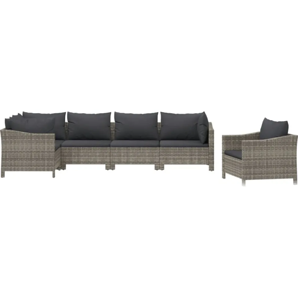 vidaXL 6-delige Loungeset met kussens poly rattan grijs