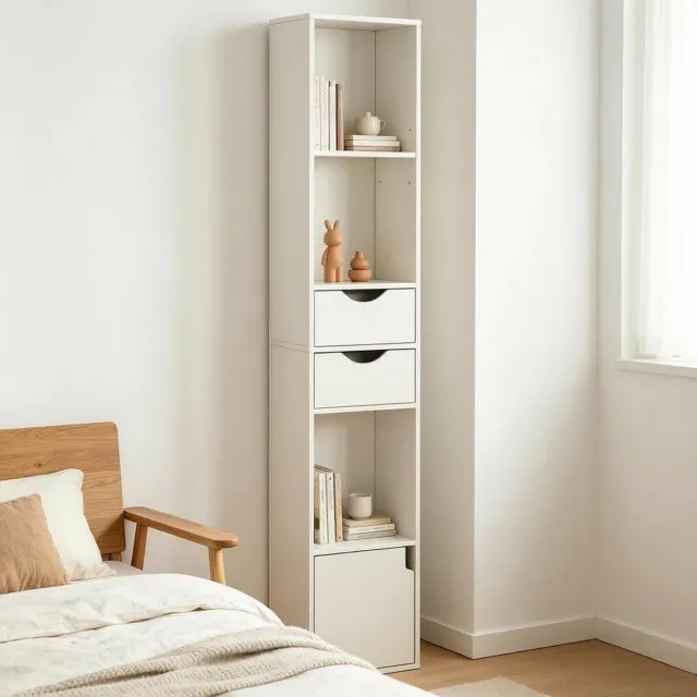 Ropilly Witte Hoge Boekenkast - Smalle Boekenkast Voor De Woonkamer - 3 Open Vakken, 2 Lades En Deur - Opbergrek Voor Kantoor - 30 x 157,5 x 24 cm