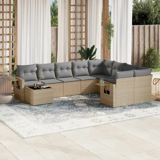 vidaXL 10-delige Loungeset met kussens poly rattan beige, foto 2
