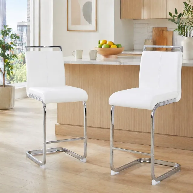 MEUNIQ barkruk set van 2 met rugleuning en voetsteun, kunstleren zitting met metalen onderstel, 96,5 cm hoog, wit en zilver, voor keuken en eetruimte White