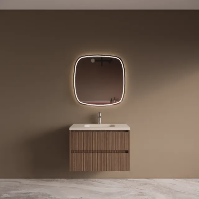Boss & Wessing BWS Riga Donker Eiken Japandi Badmeubelset Met Wastafel 80 cm Travertin Sintered Stone Keramisch