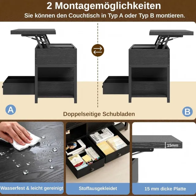 House&Garde Verstelbare Salontafel met LED, Stopcontacten (2x AC + USB + USB-C), Uitschuifbare Eettafel 100×80 cm – House&Garden Multifunctionele Koffietafel met 2 Lades, Hoogteverstelbaar, Modern Design, Hout – 3-in-1 Woonkamer Tafel Zwart