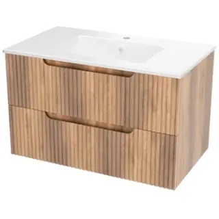Aurlane Wastafelonderkast Emilien 50cm - Houtlook Mat - Met 2 Lades - Met Mat Witte Wastafel