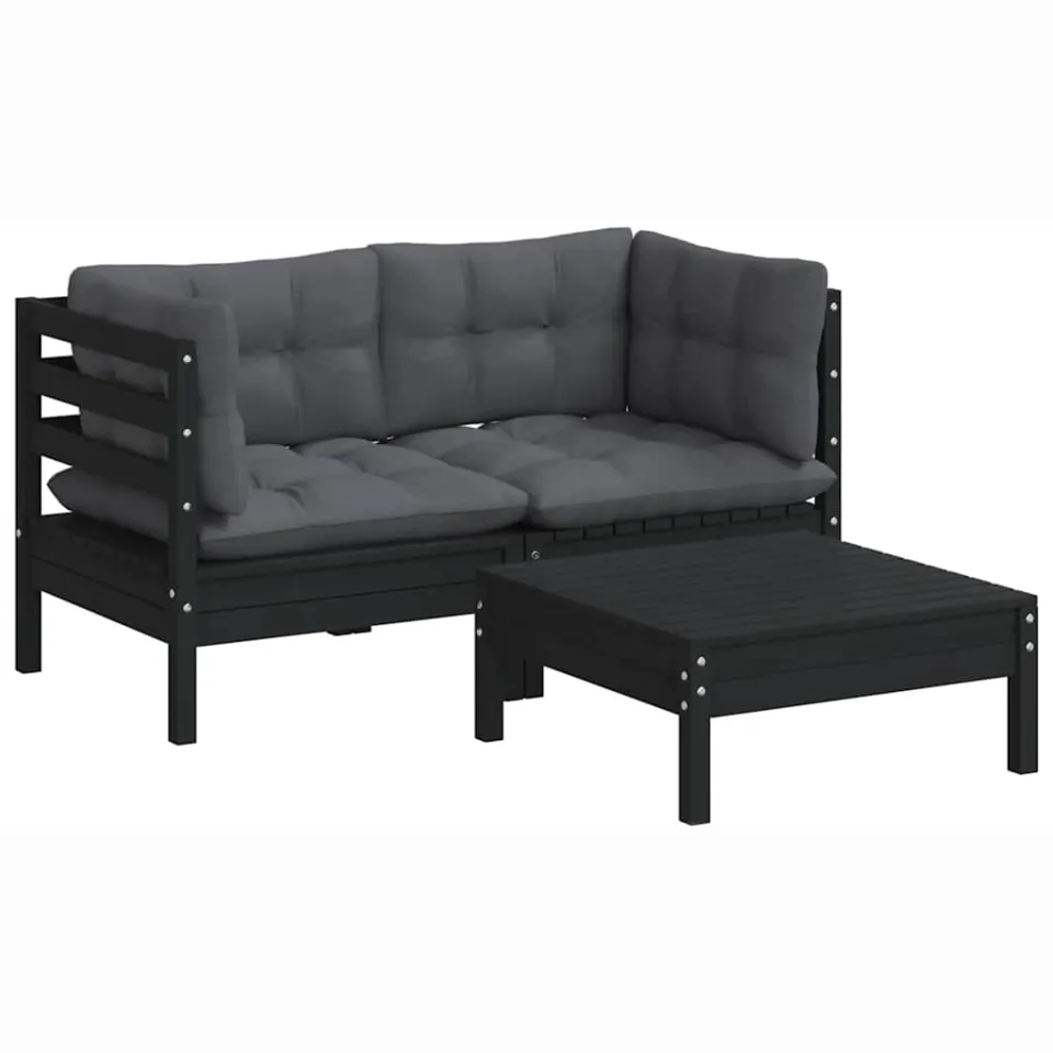 vidaXL 3-delige Loungeset met antracietkleurige kussens grenenhout Zwart