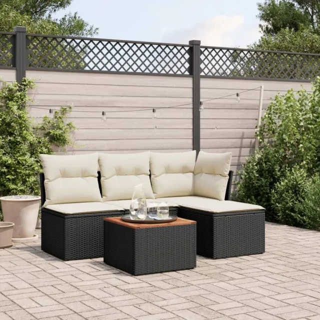 vidaXL 5-delige Loungeset met kussens poly rattan zwart, foto 2