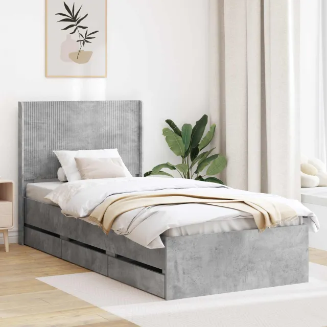 vidaXL Bedframe met opbergruimte en hoofdbord Betongrijs 90 x 200 cm
