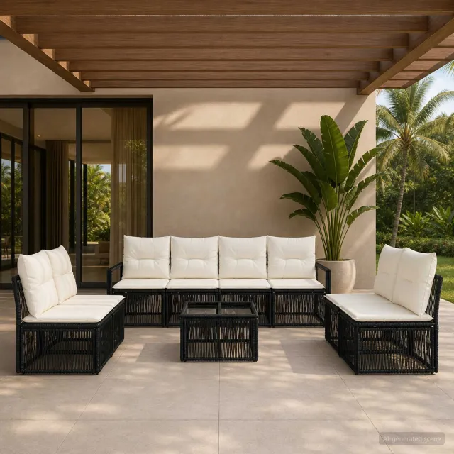 vidaXL Tuinbankenset 9 st Zwart poly rattan, foto 2