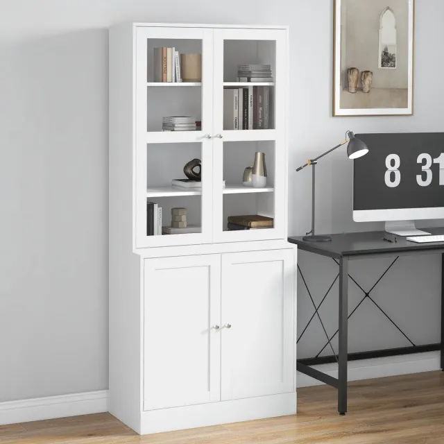REDOM Boekenkast met glazen deuren - 4 bovenste vakken en 2 onderste vakken - Verstelbare planken - MDF en gehard glas - Woonkamer en keuken - Wit - 76 x 40 x 178,5 cm