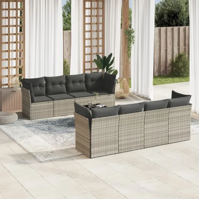 vidaXL 9-delige Loungeset met kussens poly rattan lichtgrijs grijs, foto 2