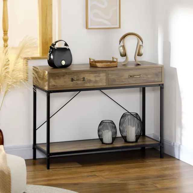MIVRAY Sidetable Industriële Console Tafel Met 2 Lades En Onderplank Voor Hal En Woonkamer Houtkleurig Met Zwart Metaal 100x35x76,5 Cm Bruin