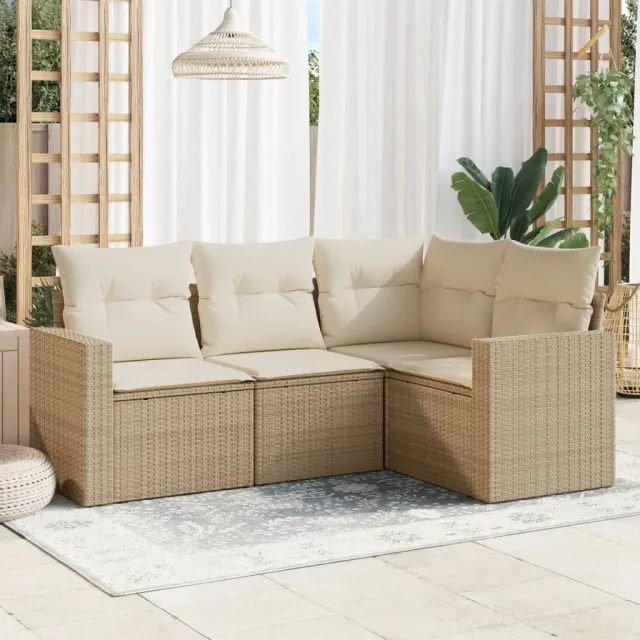 vidaXL 4-delige Loungeset met kussens poly rattan beige, foto 2