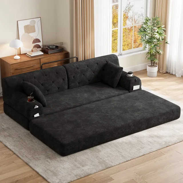 COVREO Slaapbank met hoge rugleuning – 208x80x81 cm – 3-zits bank met metalen frame – met 4 zijvakken en 2 bekerhouders – Zwart
