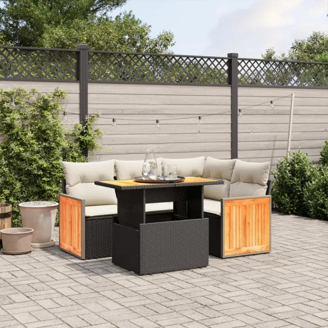 vidaXL 5-delige Loungeset met kussens poly rattan zwart, foto 2