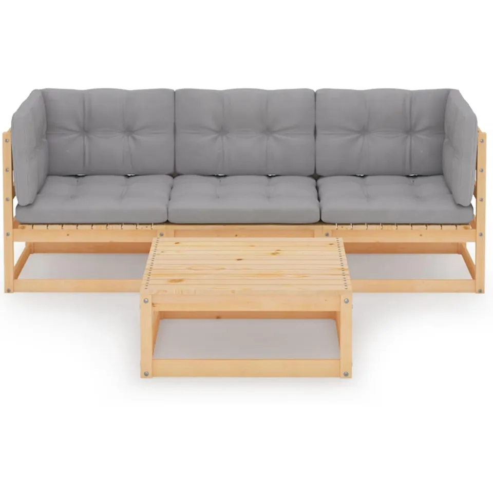 vidaXL 4-delige Loungeset met kussens massief grenenhout Grijs