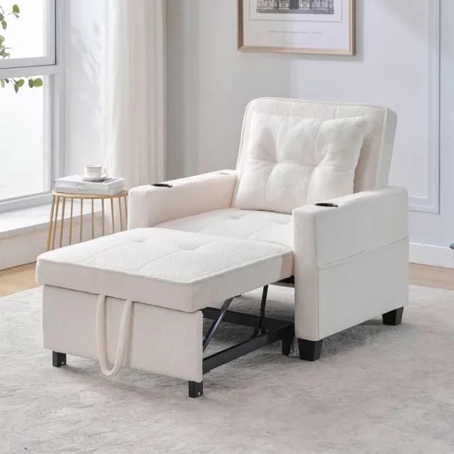 DESMIU Fauteuil 74 x 87 x 84 cm - 3-in-1 Uitschuifbare Slaapfauteuil Met Verstelbare Rugleuning, Bekerhouders En USB - Stof Wit