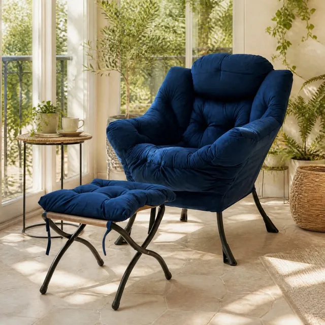 MEUNIQ Relaxfauteuil met hocker en voetsteun, armleuningen en zijvak, polyester stof en metalen frame, 72 x 80 x 93 cm, donkerblauw