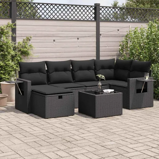 vidaXL 7-delige Loungeset met kussens poly rattan zwart, foto 2