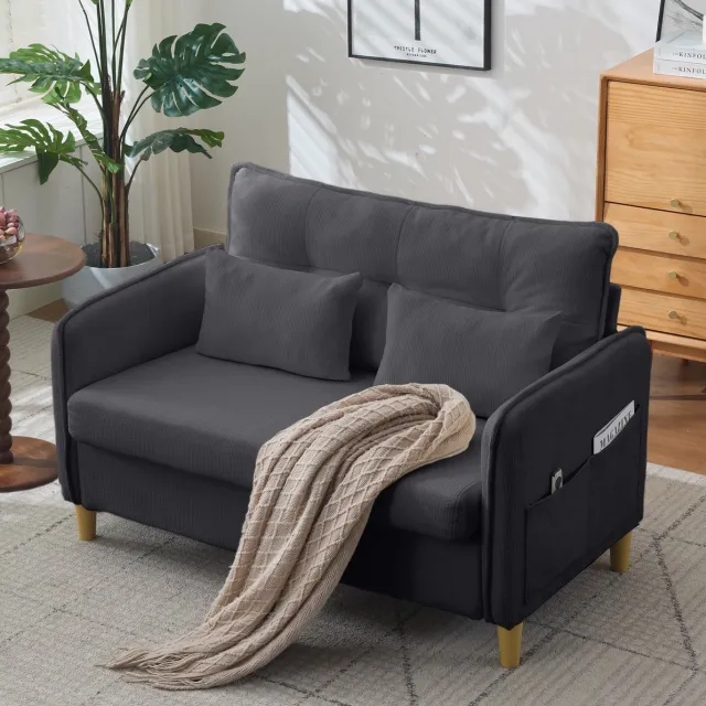 MEUNIQ 2-zits bank 127 cm donkergrijs met armleuningen, zijvakken, chenille bekleding en houten frame voor woonkamer, kantoor of studeerkamer