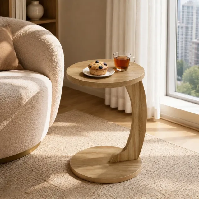 MEUNIQ C-vormige ronde bijzettafel Ø 38 cm, 55 cm hoog – salontafel voor bank of bed, MDF met melaminefineer, licht eiken