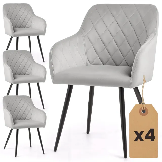 Akord Set van 4 Eetkamerstoelen VELTO met Armleuningen / Gestoffeerde Stoelen / Fluwelen Stoelen en Metalen Poten / Grijs met zwarte benen