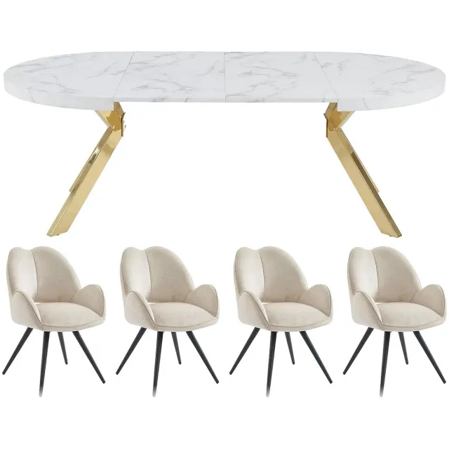 Vente-unique Set tafel KOMONI + 4 stoelen GULSUN - Wit marmereffect en beige