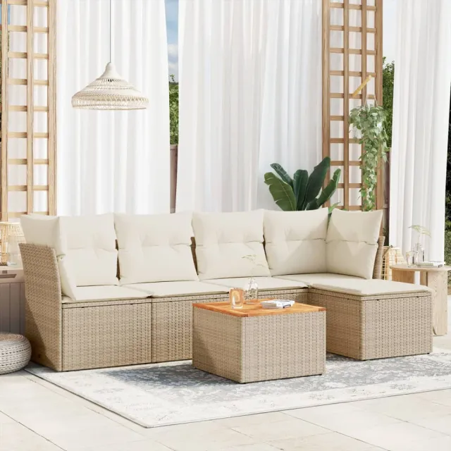 vidaXL 6-delige Loungeset met kussens poly rattan beige, foto 2