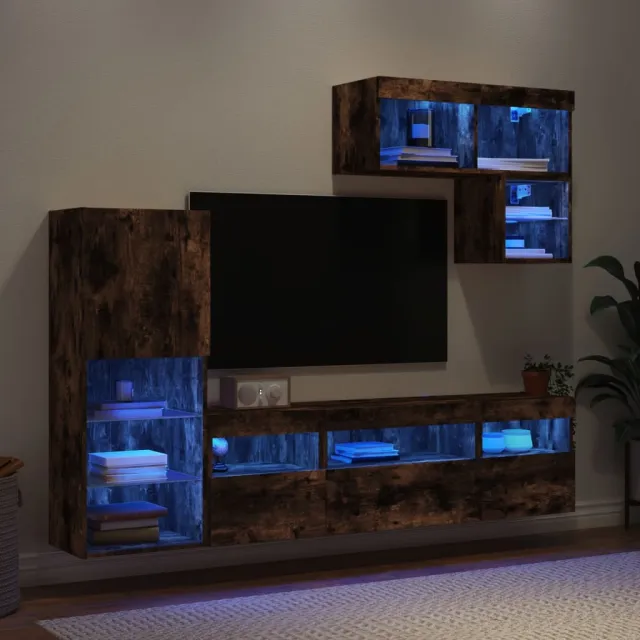 vidaXL 6-delige tv-wandmeubelset met LED bewerkt hout gerookt eiken, foto 2