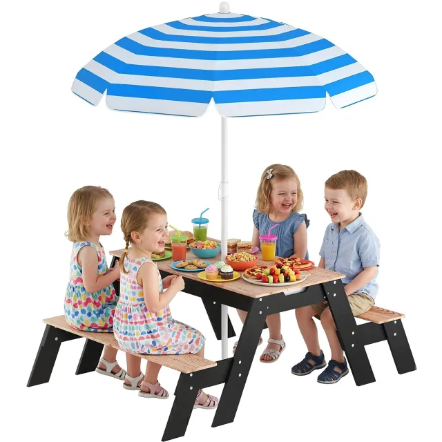 Lunpog Tuinmeubilair voor kinderen met parasol - 3-in-1 houten zand- en watertafel - met 2 verborgen speelbakken - leeftijd 3-6 jaar Zwart/Natuurlijke houtkleur