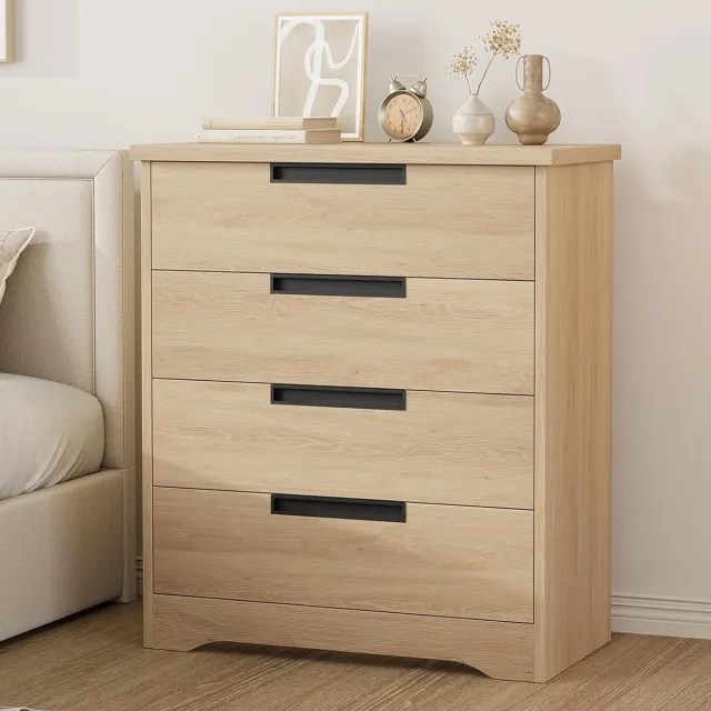 HOERFURIY Nachtkastje met 4 lades voor de slaapkamer – Modern nachtkastje met ingebouwde handgrepen – Houten bijzettafel met kantelbeveiliging voor de woonkamer, slaapkamer of hal – 92 × 77 × 39 cm – Natuurkleur